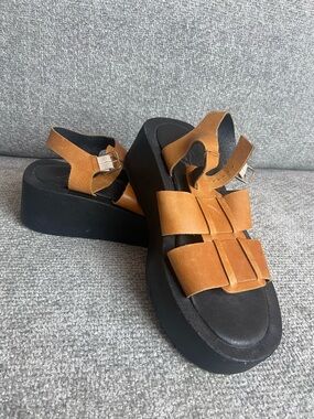 Free People Cognac Leather Platform Sandals